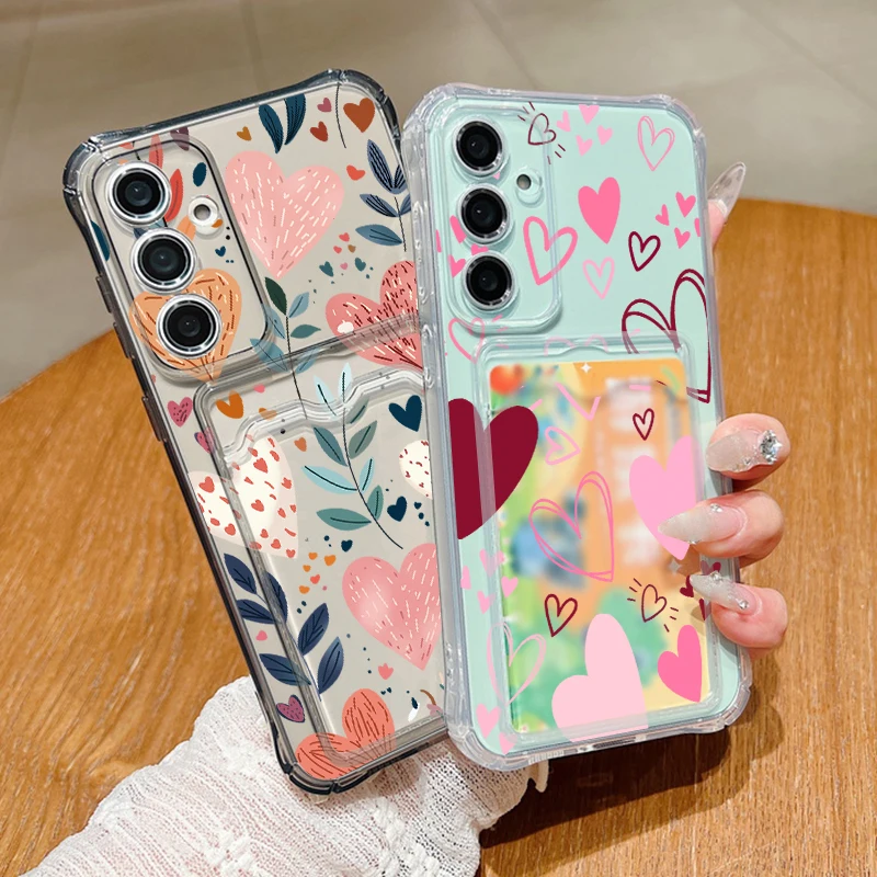 Love Heart Leaves Pattern Clear Phone Case For Samsung Galaxy A57 A37 A17 A56 A16 A55 A36 A26 A15 A54 A53 Card Bag Wallet Cover