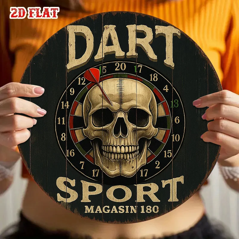 2D Flat,1pc Vintage Dartboard Wall Decor - 20x20cm Round Aluminum Sign with Skull & Dart Design, Background, Rustic Metal