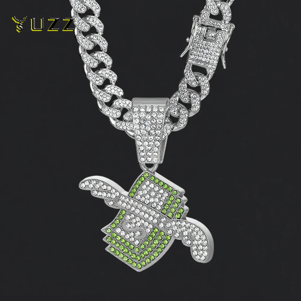 Mens Hip Hop Wings Cash Pendant Money Dollar Symbol Necklace with 20 Inch Miami Cuban Chain Necklace for Men Rapper Jewelry Gift