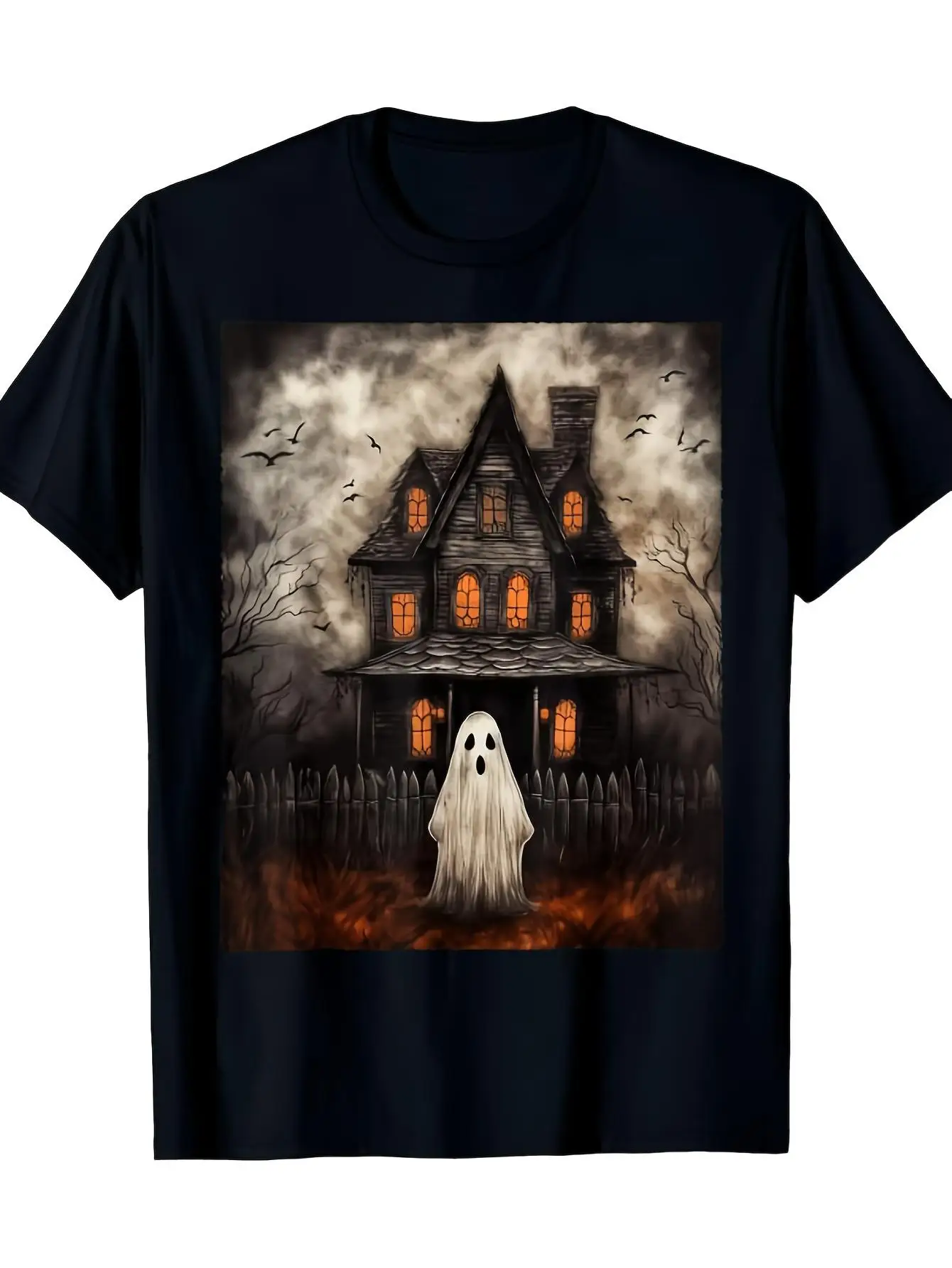 Men's Vintage Gothic Haunted House T-Shirt - Horror Halloween T-Shirt with Ghost, Bat, and Victorian Villa Patterns - Heavyweight GSM Soft Breathable Crew Neck Shirt, Suitable for Halloween Party Costumes and Casual Wear - Machine Washable Vintage