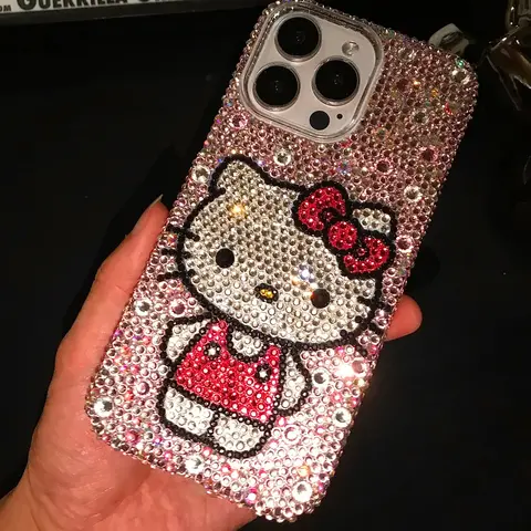 Hello Kitty Rhinestone Bling Crystal Phone Case Chain For iPhone 16 12 13 14 15Pro Max X Xs XR 7 8 Plus SE 2 3 10 Transparent Bu