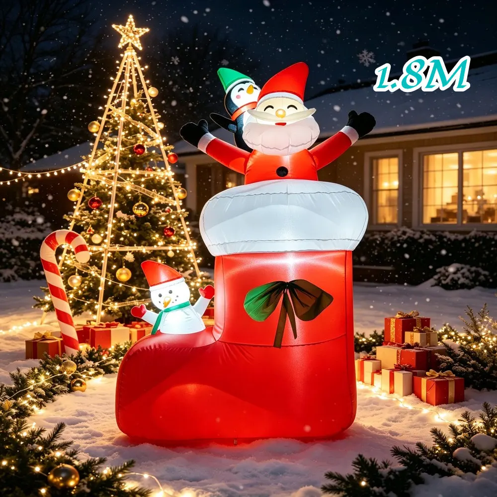 1.8M Inflatable Giant Christmas Boots Santa Claus Snowman Penguin Built-in LED Lights Indoor Outdoor Courtyard Lawn Decoration