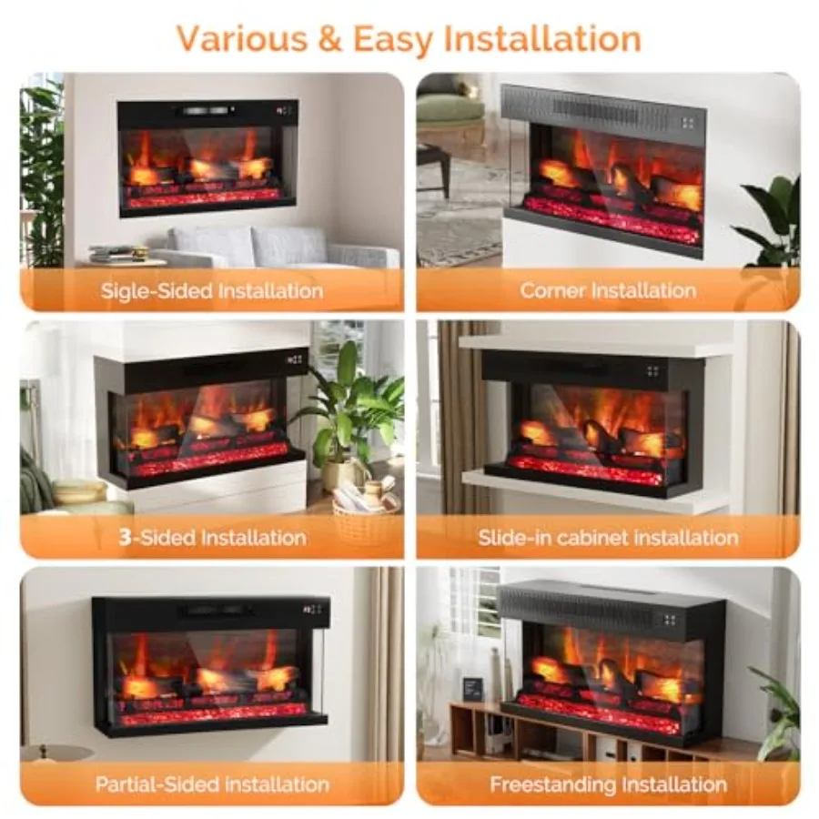36 Inch 3-Sided Glass Electric Fireplace Insert with Remote Control Wall Mounted Recessed Heater 8H Timer 20 Flame Colors for I