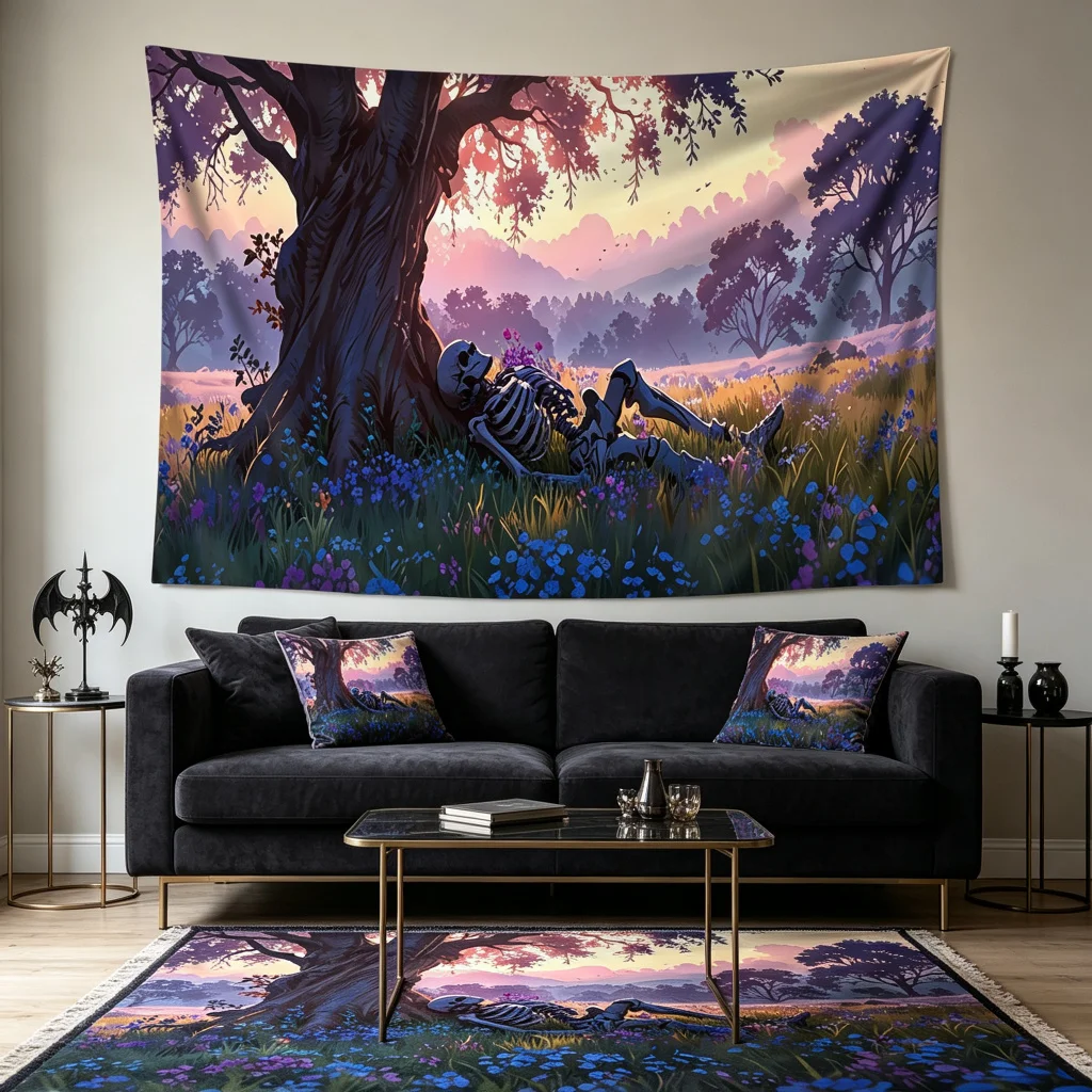 1PC Skeleton Under Tree Sunset Print Backdrop Banner, Bedroom Living Room Photo Background, Polyester, Home Decor, Wall Art