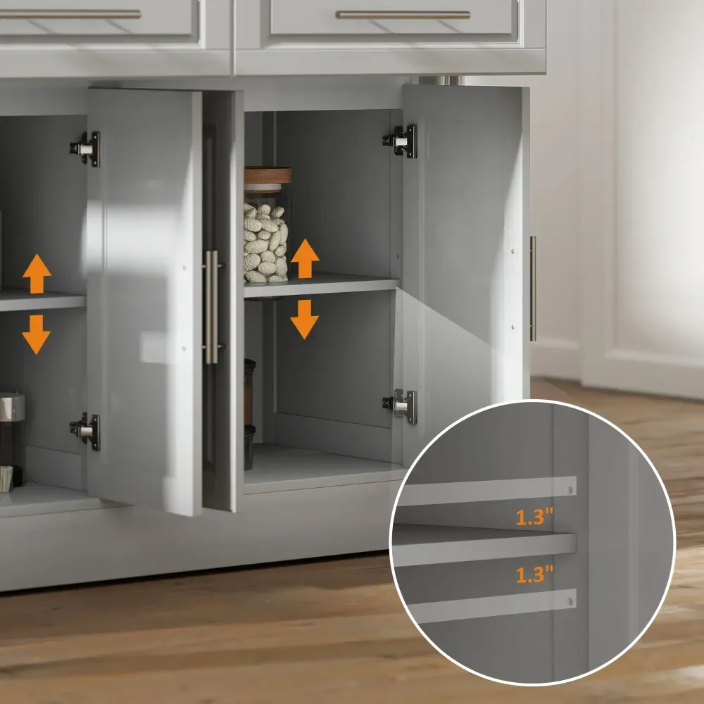 عربة جزيرة المطبخ الحديثة مقاس 57 بوصة طول × 17.75 بوصة عرض × 36.5 بوصة ارتفاع مع درجين ورف توابل وسكين ومنشفة، رمادي