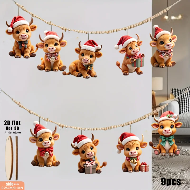 9 Stück Hochlandkuh-Weihnachtsbaumdekoration aus Holz mit ausdrückenden Augen und tragen rote und weiße Glocken, Weihnachtsmütze, 2D-Festival-Anhänger