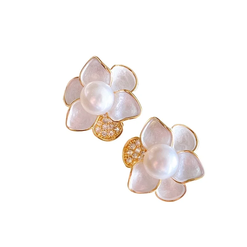

Pearl stud earrings premium s925 silver needle fashion light luxury diamond flower pearl earrings