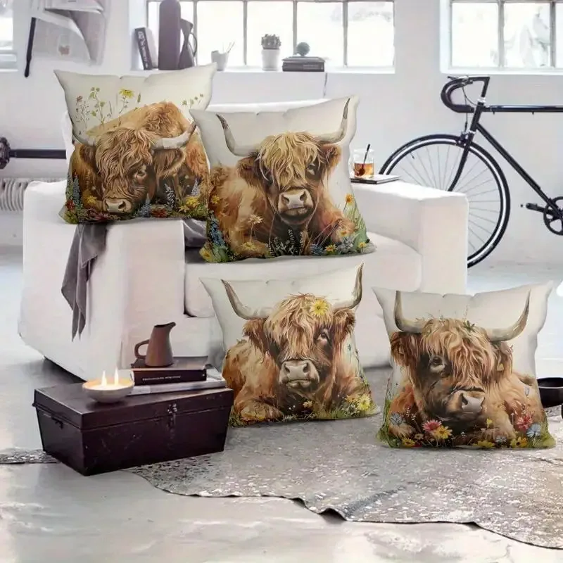 Highland cattle, floral patterns digital printing pillow cover Short plush Suitable living bedrooms sofas throw cushion cover