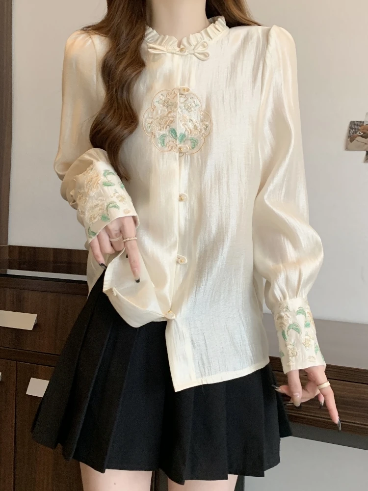 

New Chinese Style Silk Shirt Women's Spring Autumn plus Size Slimming Design Korean Style Long Sleeve Stand Collar Button up