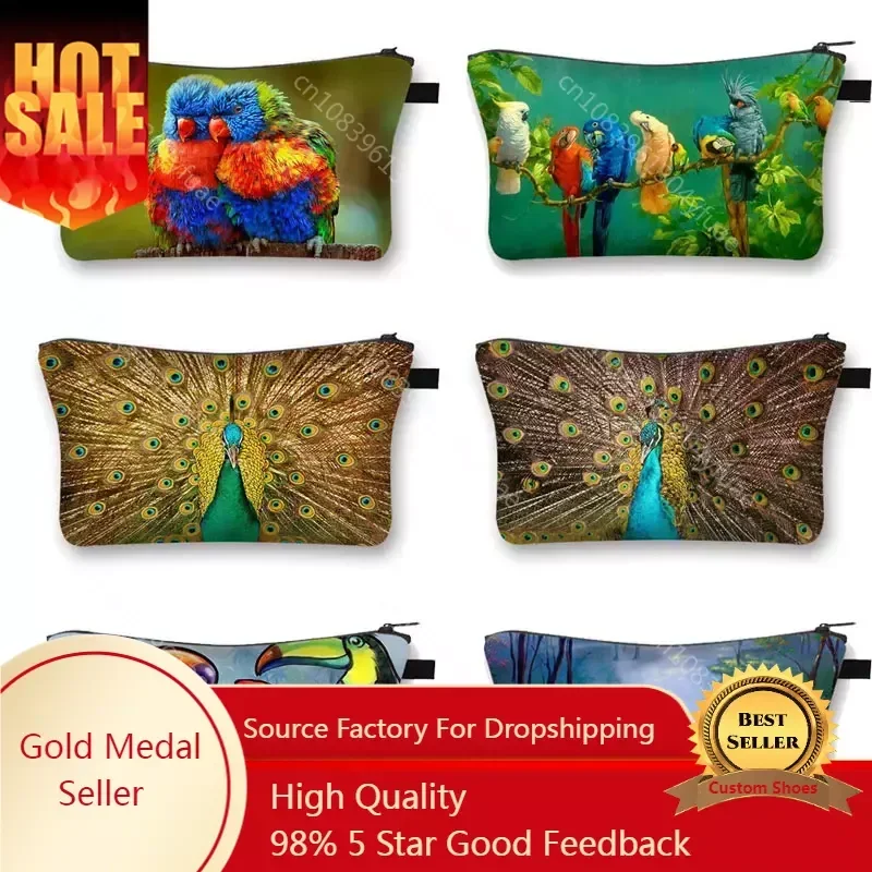 Peacock / Woodpecker/ Parrot 3D Printing Cosmetic Bags Cute Bird Women Travel Necessity Makeup Bag Organizer Female Storage