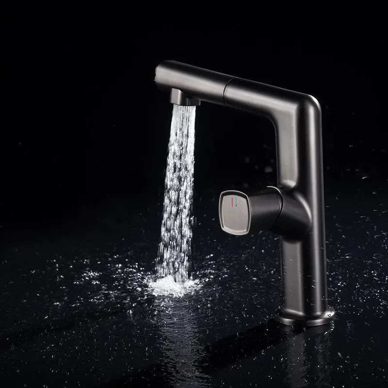 

Modern gun gray bathroom faucet pull-out design single handle cold and hot dual control 2-function basin faucet