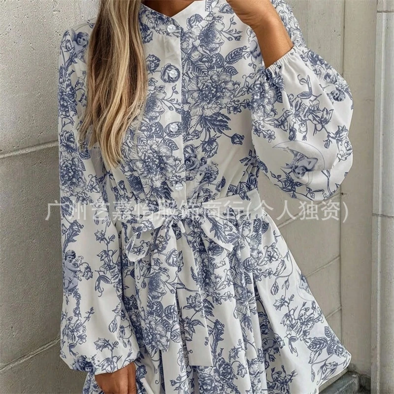 Women Spring Autumn Floral Print Midi Dress Tie Waist Puff Sleeve Long Sleeve Elegant Casual Fashion 2025 New Arrival