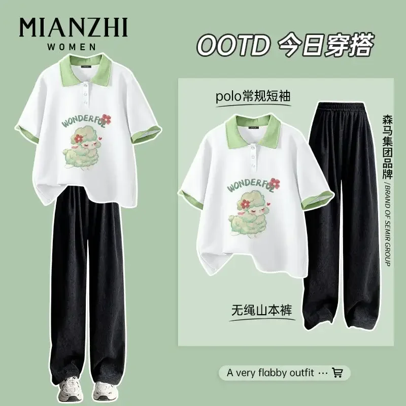 

2025 Summer New Casual Loose 2 Piece Sets Womens Outfits Cartoon Short Sleeved T-shirt + Solid Color Pants Ladies Cotton Clothes