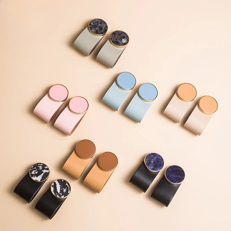 1 PC Leather + Brass Cabinet Handles Colorful Drawer Knobs for Children's Room Bedroom Wardrobe Pulls Modern Furniture Hardware