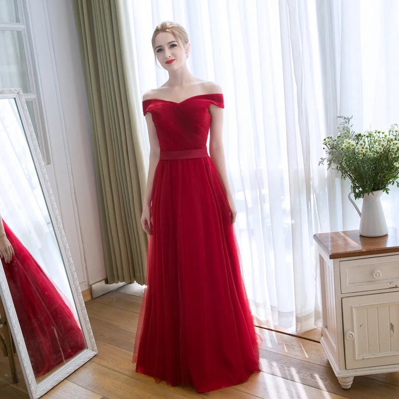 Vestido de novia largo rojo con escote Bardot, vestido de noche adelgazante para banquete, novedad de verano