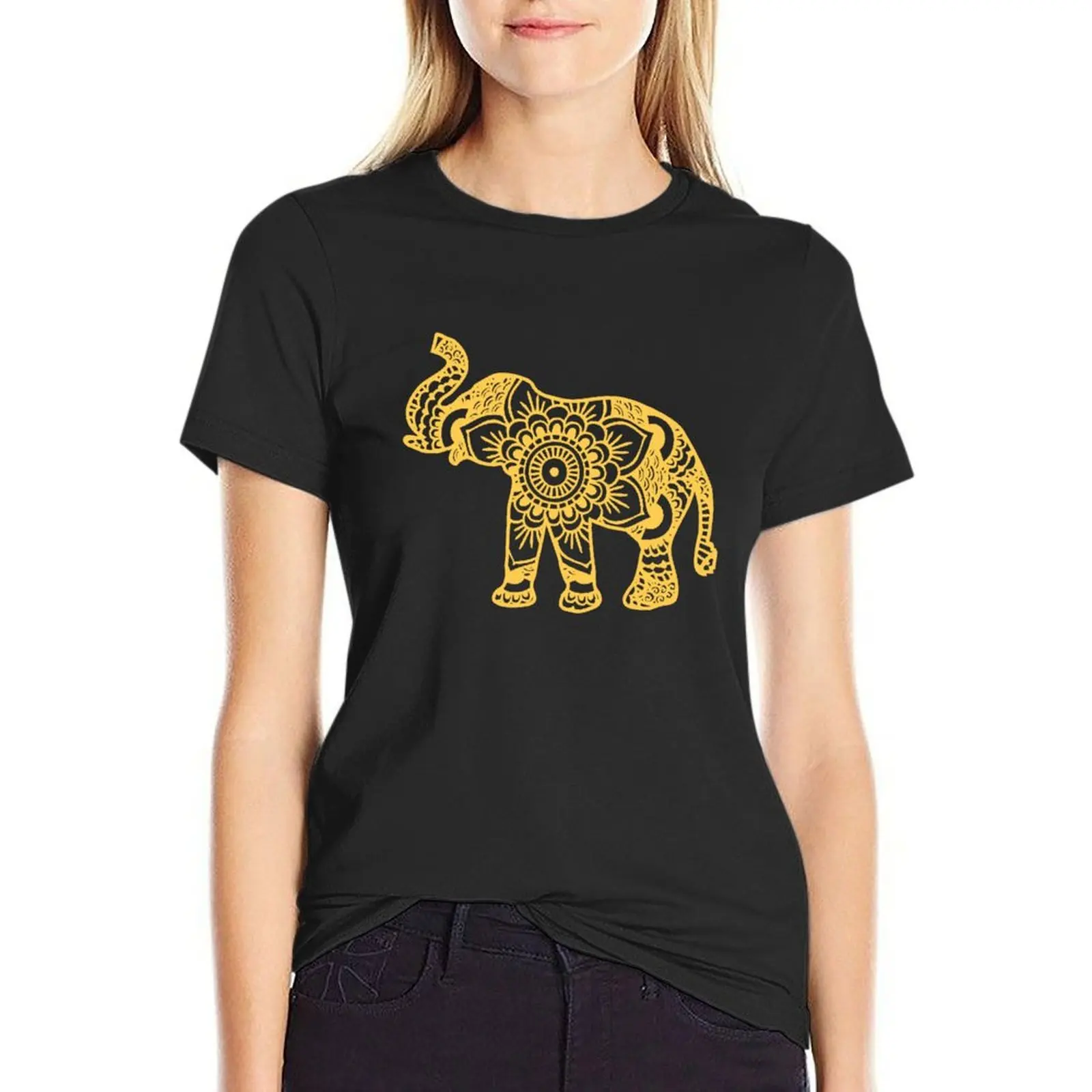 Mandala Elephant Yellow T-Shirt lady clothes funny Short sleeve tee oversized Top Women