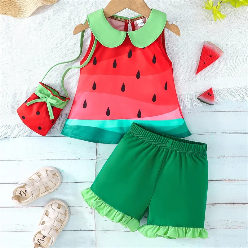 

Tregren Toddler Infant Baby Girl Summer Outfits Watermelon Print Doll Collar Tank Tops and Ruffle Shorts Crossbody Bag 3pcs Sets