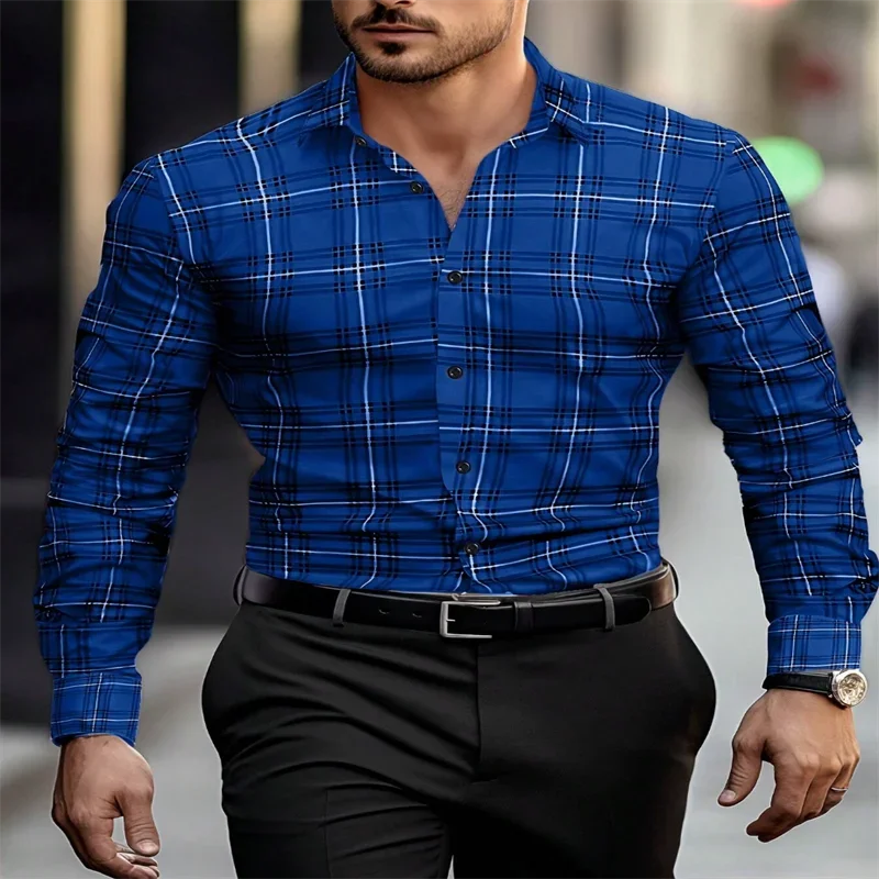 2025 new men's classic striped plaid long-sleeved shirt Men's classic red casual fashion shirt top