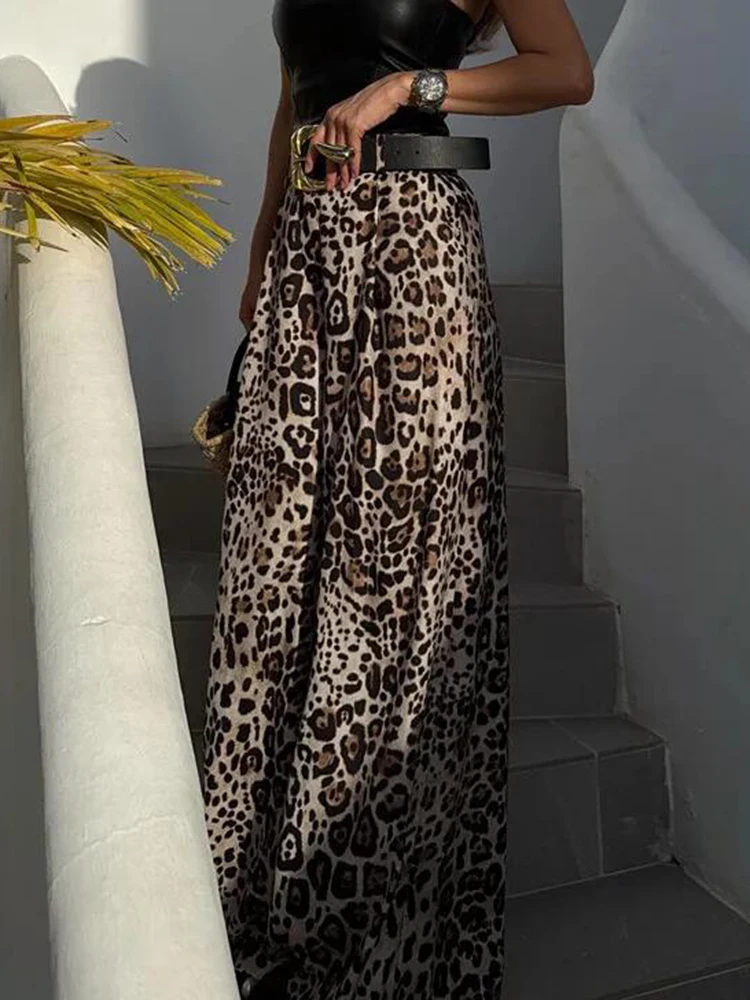 Y2K Trousers Women High Waisted Leopard Pants Satin Wide Leg with Belt American Summer Casual Street Fashion