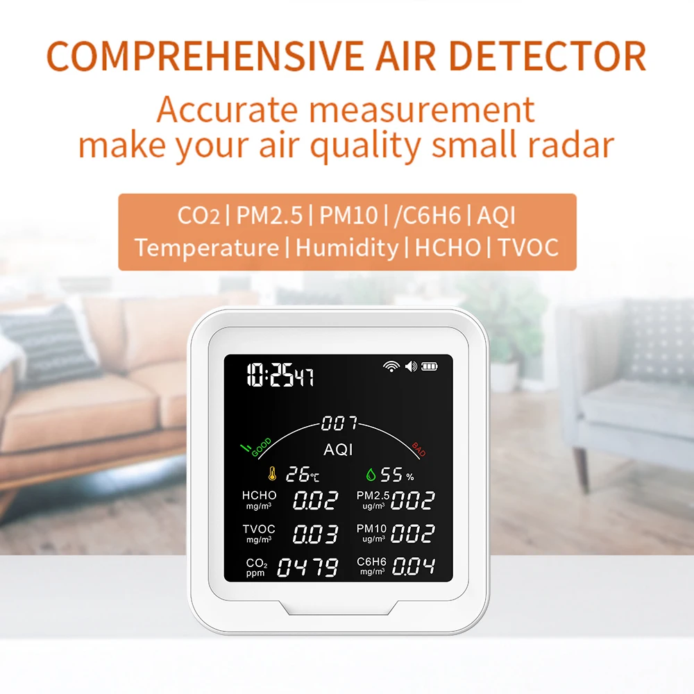 PTH-9BW Tuya WiFi Monitor multifunzionale della qualità dell\'aria PM2.5 PM10 HCHO C6H6 rilevatore di Gas CO2 termometro igrometro sveglia