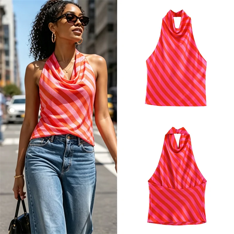 2026 Summer Ladies Cowl Neck Halter Blouse Striped Back Tie Backless Sleeveless Crop Top Daily Beach Party Tank Top
