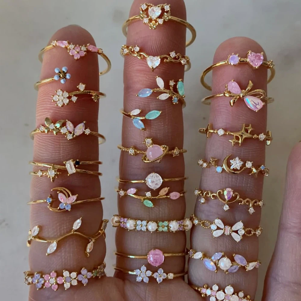 100 styles 14K Gold Plated Color Zircon Flower Crown Bow Open Ring Women Adjustable Stackable Finger Rings Wedding Jewelry Gift