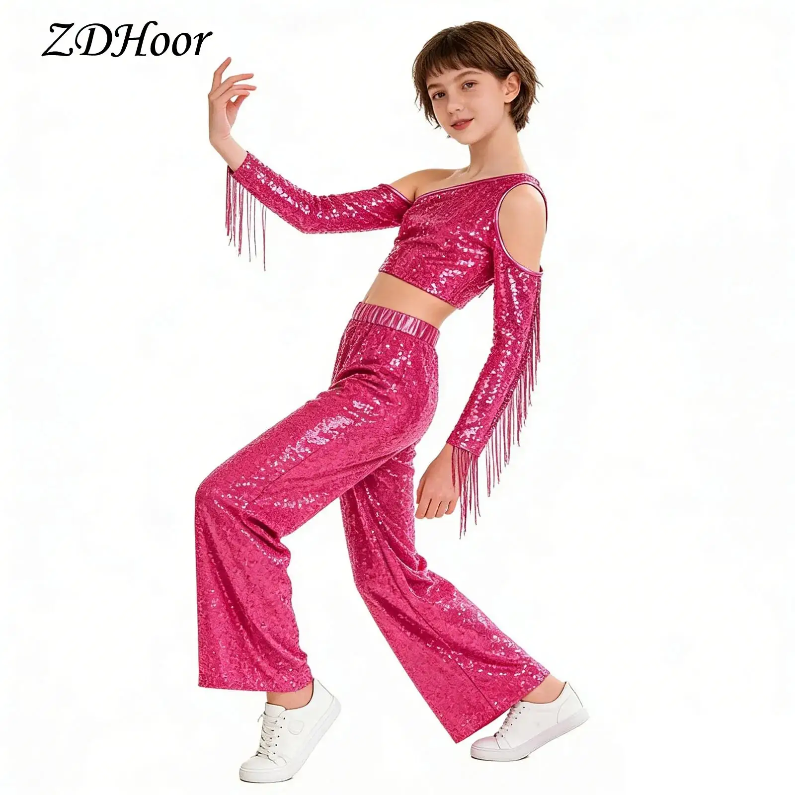 Kids Girls Metallic Shiny Jazz Hip Hop Dance Outfits Sequins Tassels 70s 80s Disco Latin Performance Costume Crop Top+Pants Set