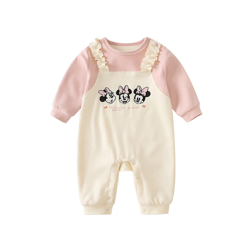 

MINISO Minnie Spring Baby Girl Onesie Strap Fake Two Piece Clothes Outdoor Romper Soft Cute Infant Clothing 0-1 Years Bodysuits