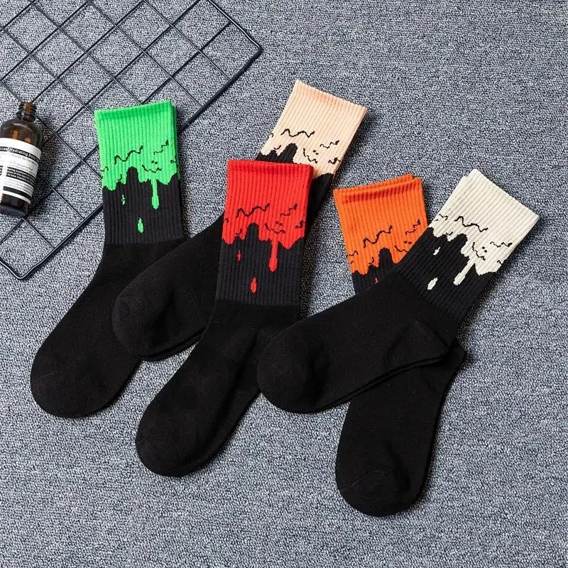 Black Powder Green Buckle Broken Orange Flame Basketball Sports Couple Male Mid-pass Socks