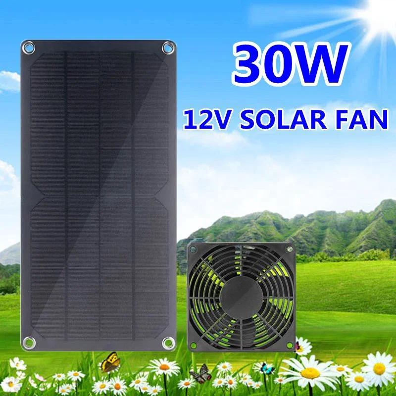 30W 12V Solar Exhaust Fan 6 Inch Mini Ventilator Solar Panel Powered Fan Air Extractor for Dog Chicken House RV Greenhouse Fan