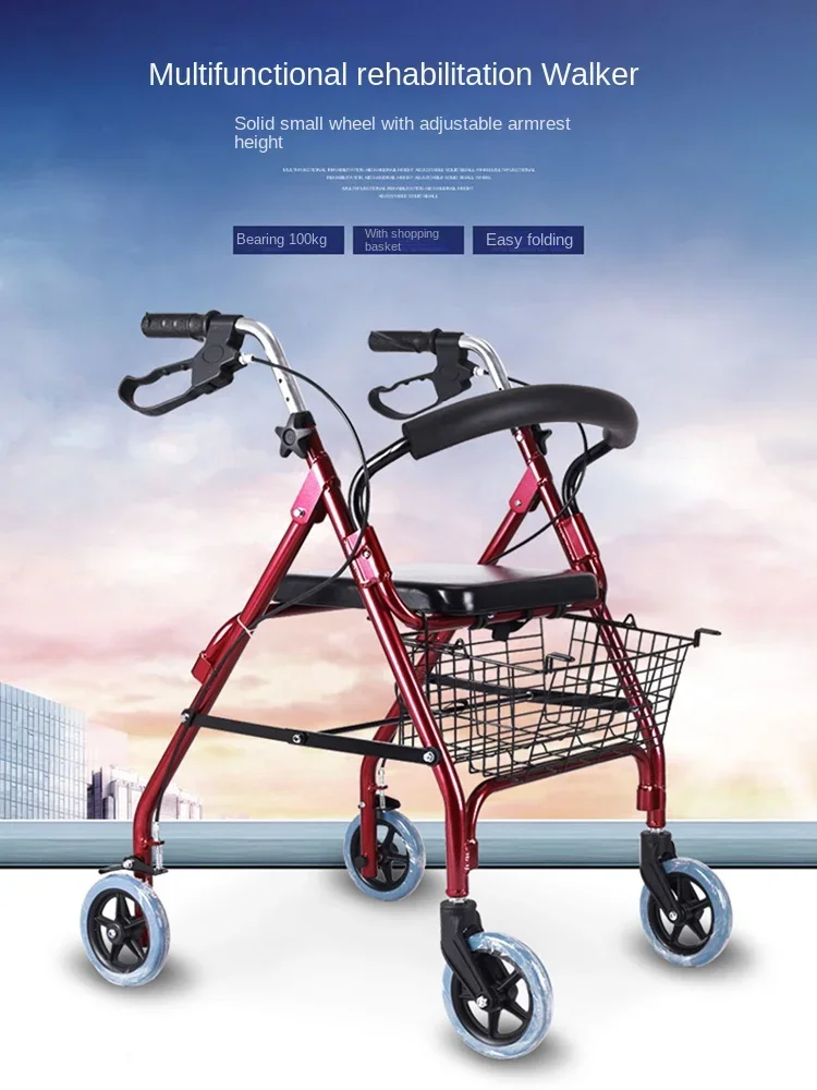 Hengbeishu Foldable Elderly Multi functional Walking and Shopping Cart Hand Pusher Walking Aid with Basket and Hand Brake