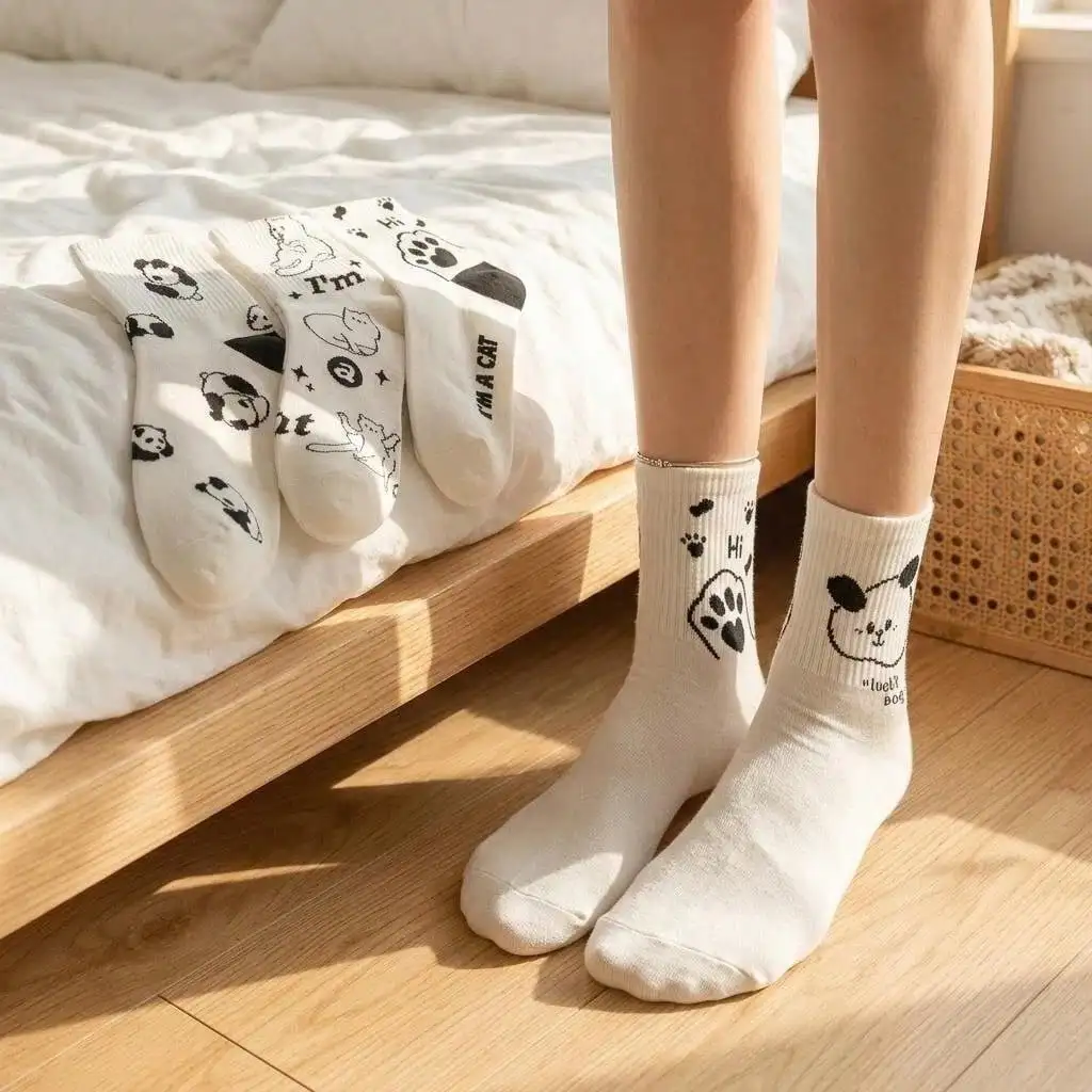 

5Pairs Women's Fashionable Mid-Calf Socks, Cute Panda Cartoon Pattern, Breathable Thin Socks For Spring/Summer Student Socks