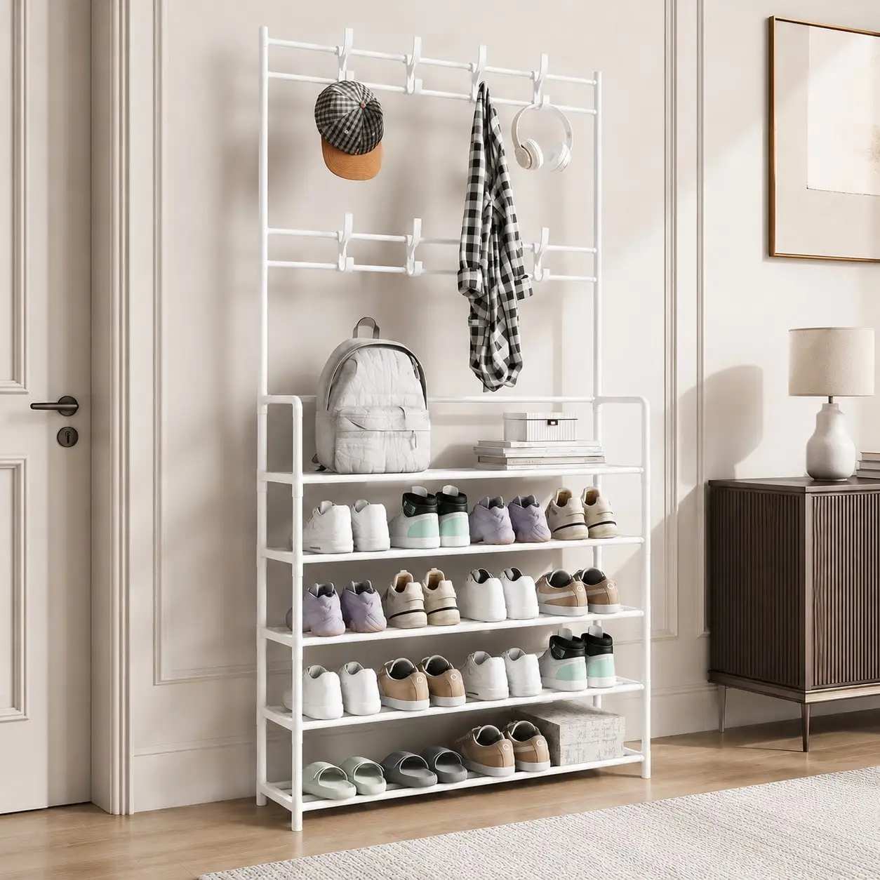 Multi-Functional Shoe Rack With Coat Hooks, 5-Tier Freestanding Shoe Shelf For Entryway, Heavy-Duty Shoe Organizer For Sneakers, Bags, Hats & Keys, Metal Frame, Space-Saving For Hallway, Closet & Bedroom - view 7