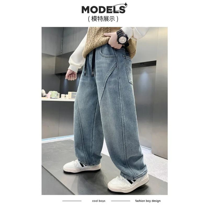 Herbst Kinder Jungen Jeans UNITIM Vielseitige Taschen Junge Teenager Jungen Gerade Hosen Lose Elastische Taille 4-14 Jahre Jungen Freizeithose – Detail 8