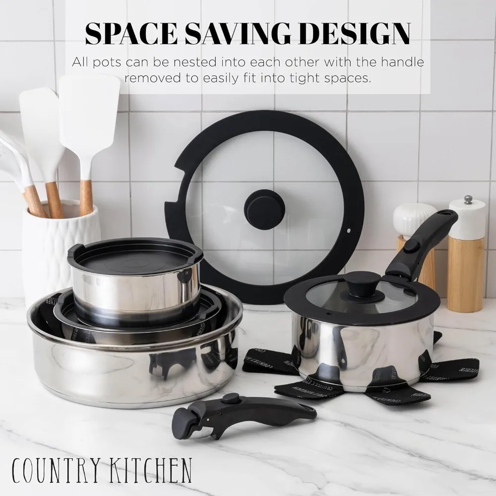 Removable Handle Stainless Steel Cookware Set, Oven & RV Safe Pots Pans for Small Kitchen Camping