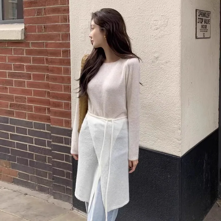 Korean Simple O-neck Long Sleeve Knitted Tops Women+ Y2k High Waist Lace Up Skirts 2026 Early Spring New Two Piece Sets