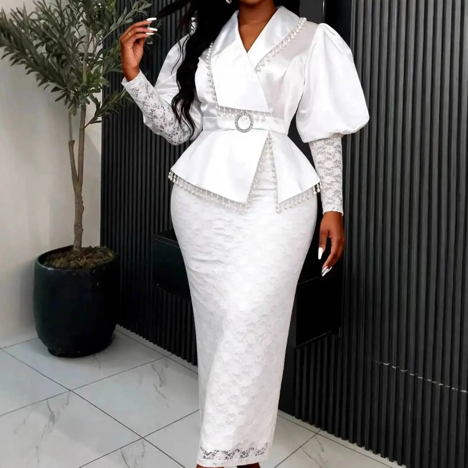 

Elegant Satin Dress With Lace Detailing, Mesh Puff Sleeves, Bodycon Fit, Waist-cinching, And Tassel Details