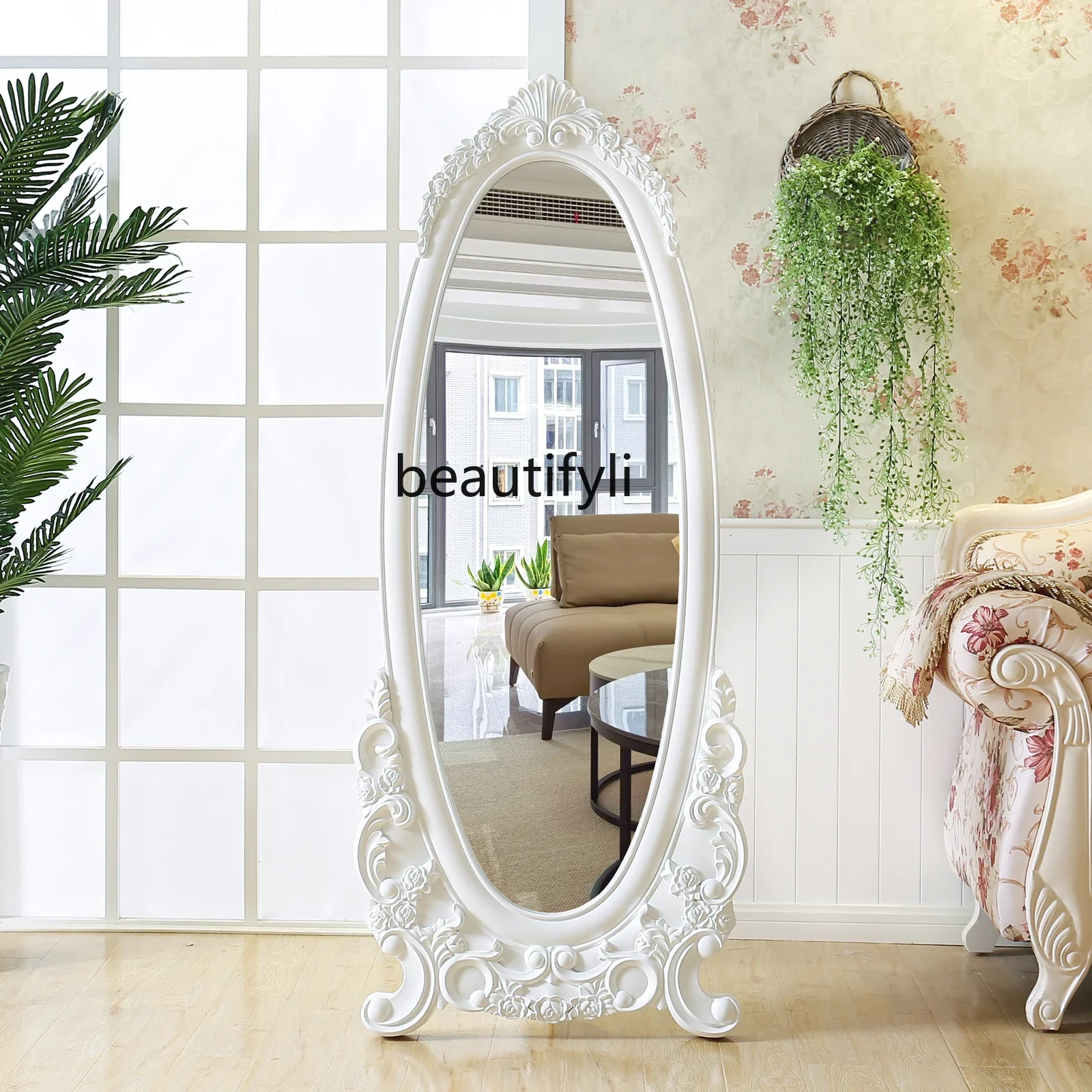 l European pastoral living room floor-to-ceiling relief bedroom wall-mounted oval full-length mirror clothing store floor mirror