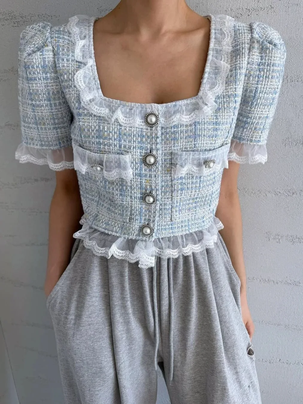 

Short Bubble Sleeve Suit Jacket Women's Pearl Buttoned Lace Trim Tweed Outerwear Anti-Aging Commute Style Straight Cut
