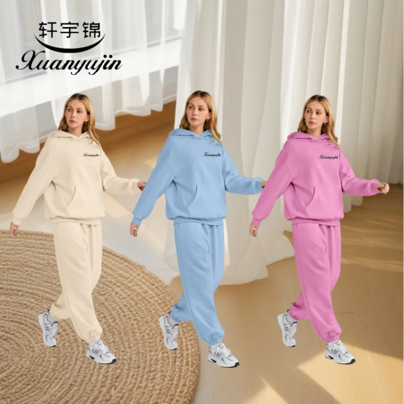 Xuanyu Jin Brand European and American Popular Autumn and Winter Women's Two-Piece Casual Hoodie Loose Casual Pants Sportswear Suit Ready-Made Female Student Sweatshirt and Sweatpants Suit Beautiful Girl Clothing