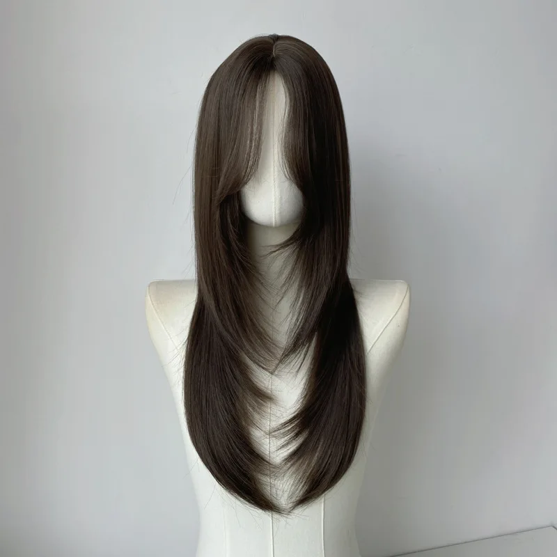 Trendy new matte silk women's wig with layered long straight hair and rose net full head cover