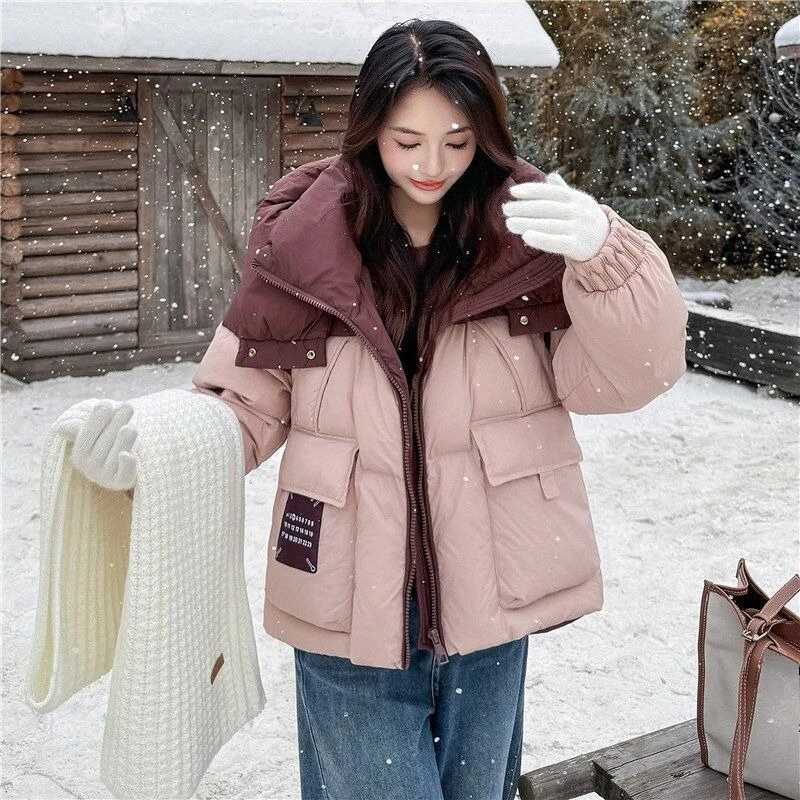 Korean Loose Fit Hooded Short Coat 2025 Winter Trendy Women's Down Jacket with Contrast Color Panels Warmth