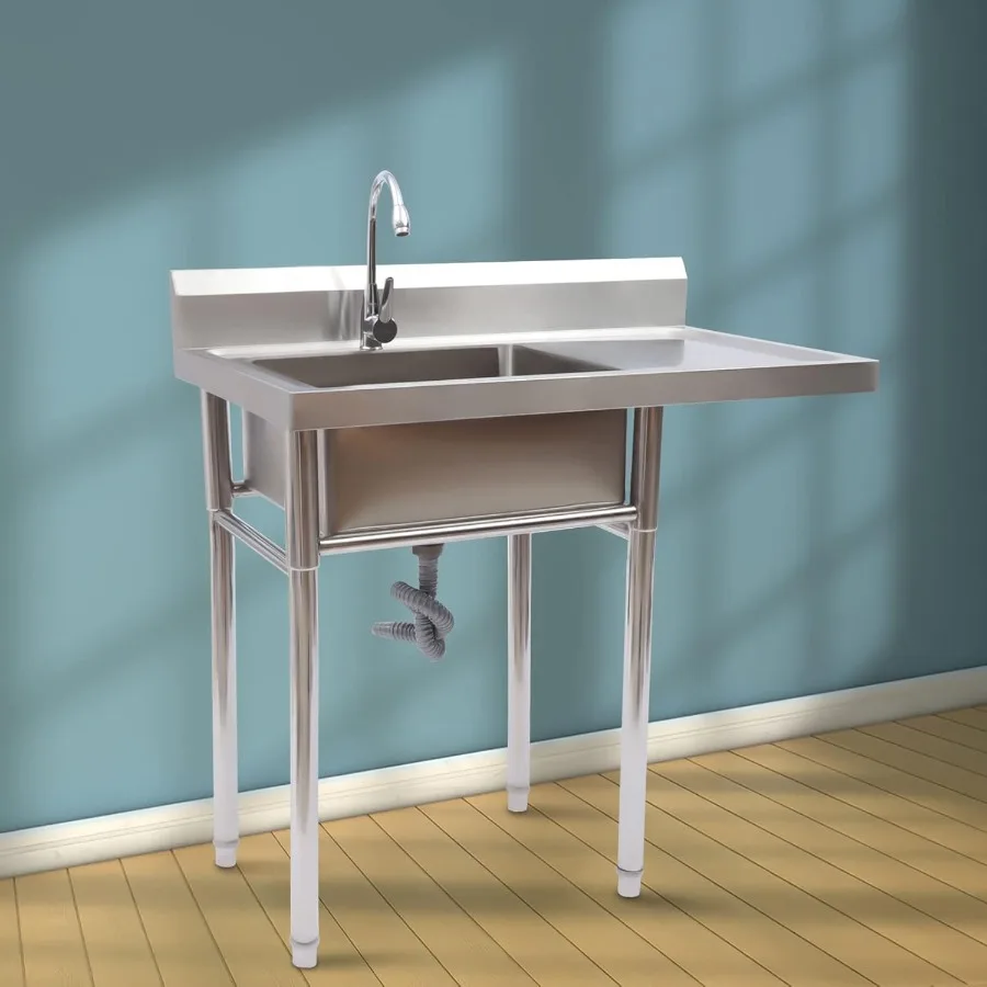 業務用厨房向け自立式シングルボウルシンク（蛇口と水切り板付き、1コンパートメント、ユーティリティ洗浄用）