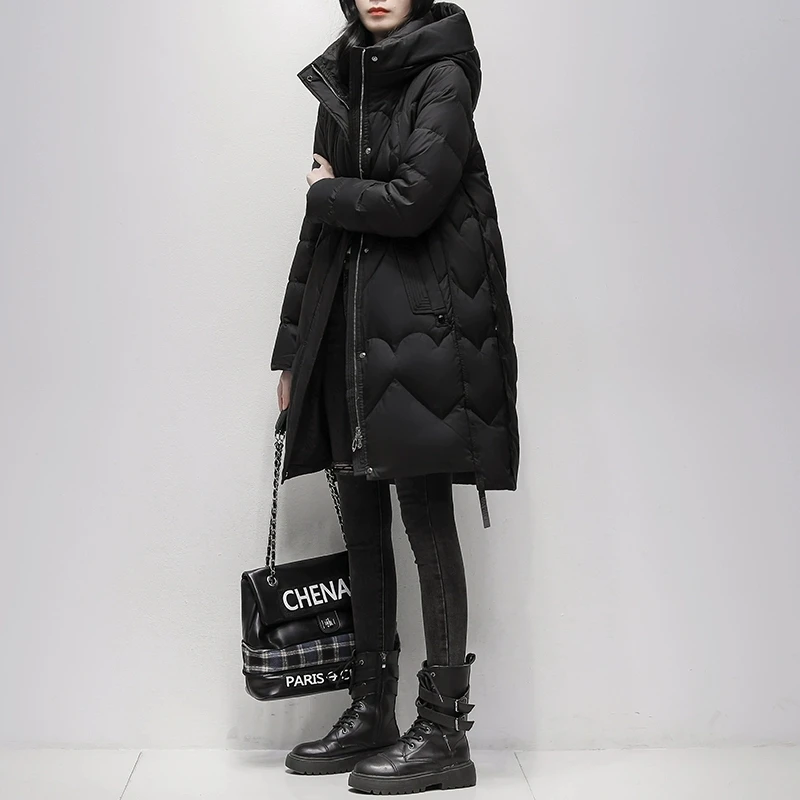 黒色の中長丈ダウンジャケット レディース 2026年冬新作 韓国版 90%ホワイトダックダウン ファッション フード付き 厚手パーカーコート