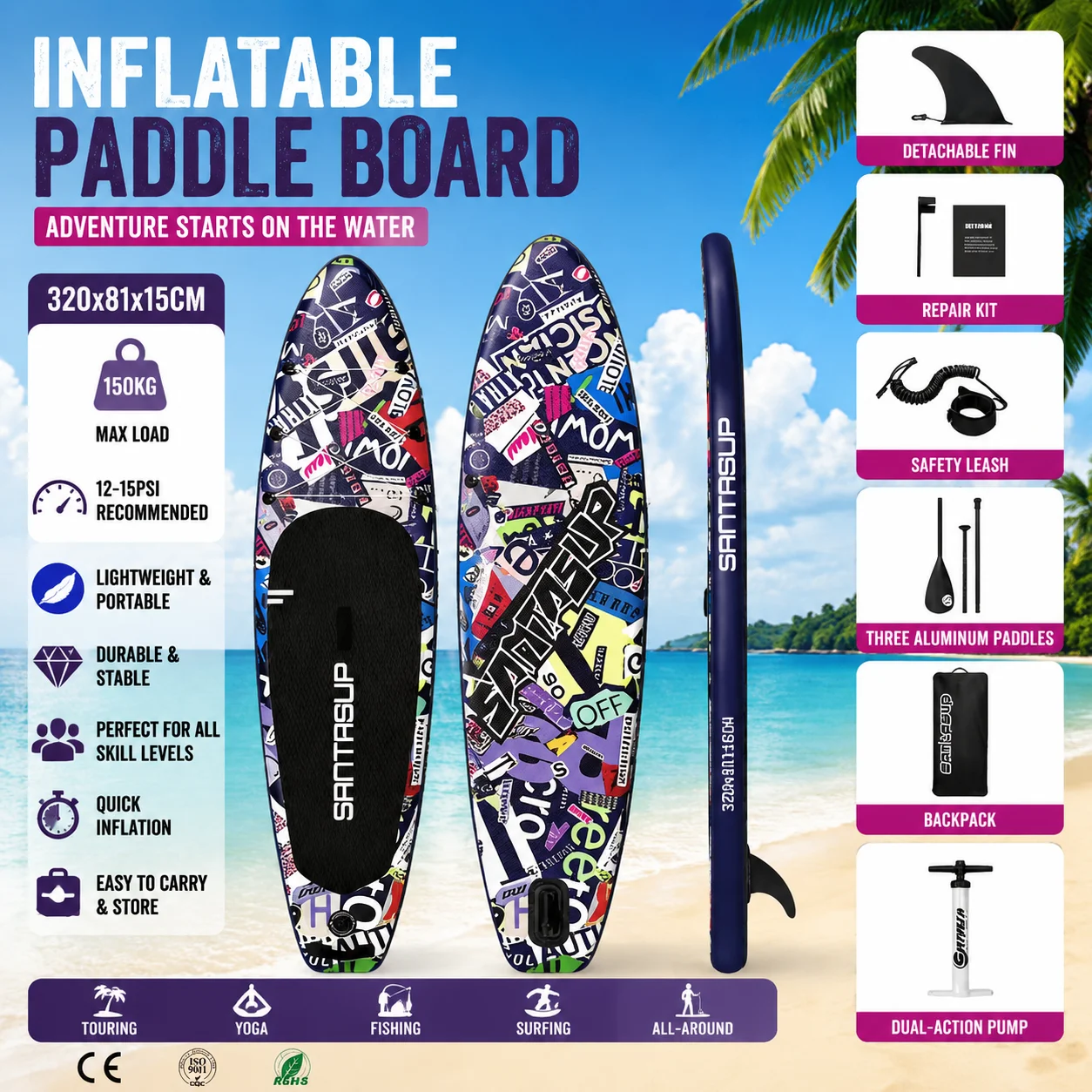 SANTASUP 320 x 81 x 15 cm, rutschfestes Wassersport-Paddelbrett, aufblasbares Stand-Up-Paddle-Board, Paddelbrett, Surf-Sup-Board mit abnehmbarer Finne, rutschfestes EVA-Pad