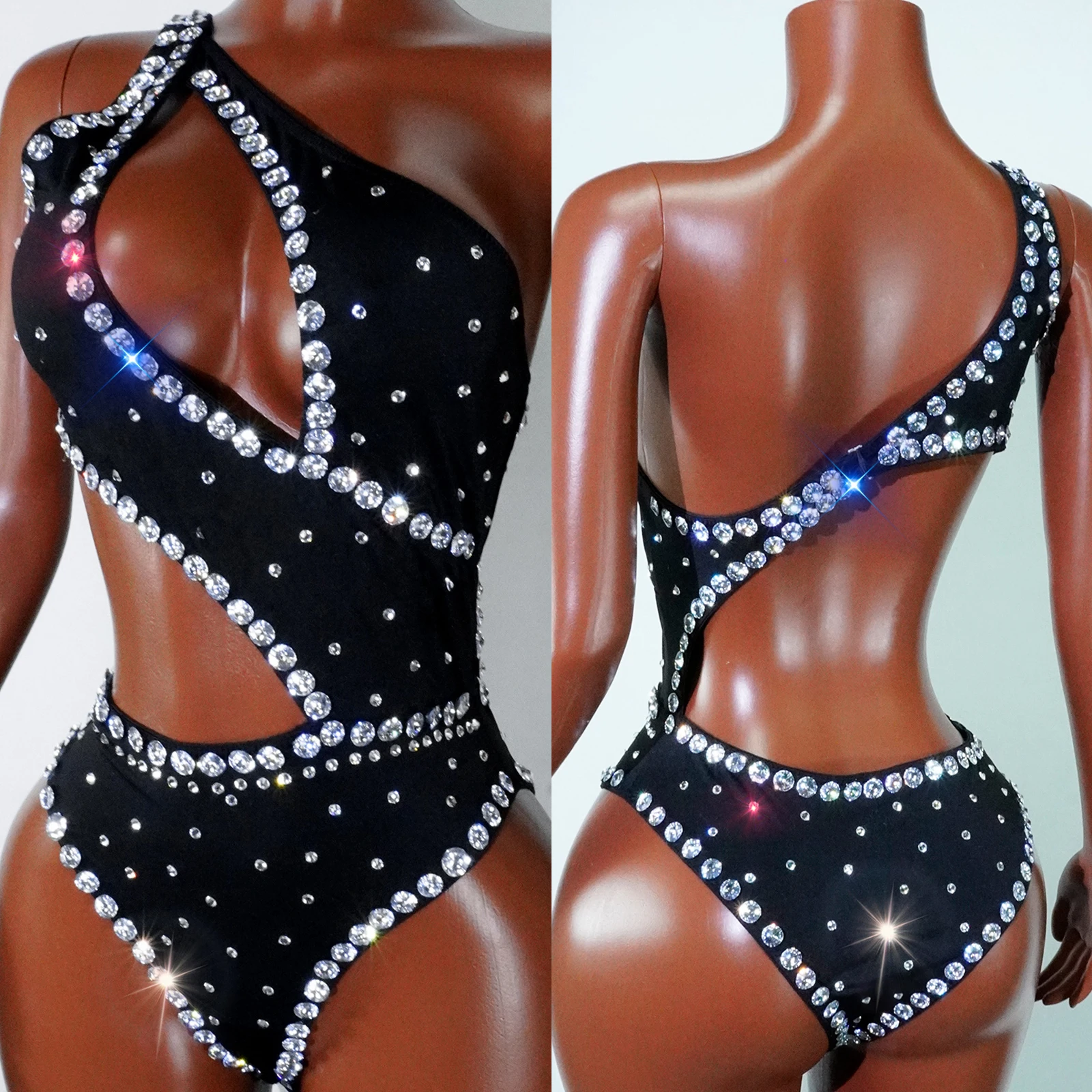 セクシーな新しい中空ウエスト黒ボディスーツラインストーンレオタード SingerShow 誕生日パーティーダンスステージ着用パフォーマンスドラッグクイーン衣装