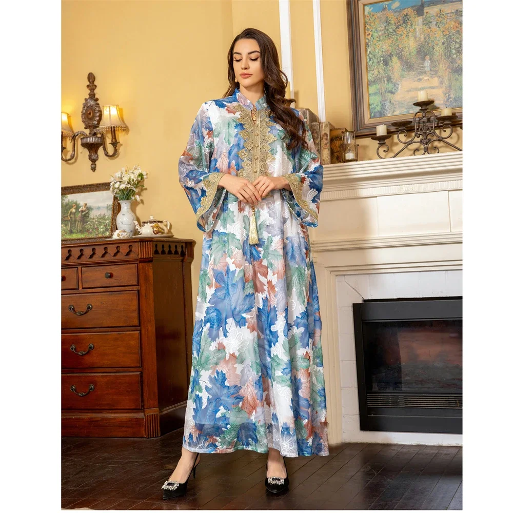 New Floral Print Abayas for Women Muslim Maxi Dress Eid Djellaba Ramadan Islam Jalabiya Caftan Marocain Femme Musulmane Vestidos