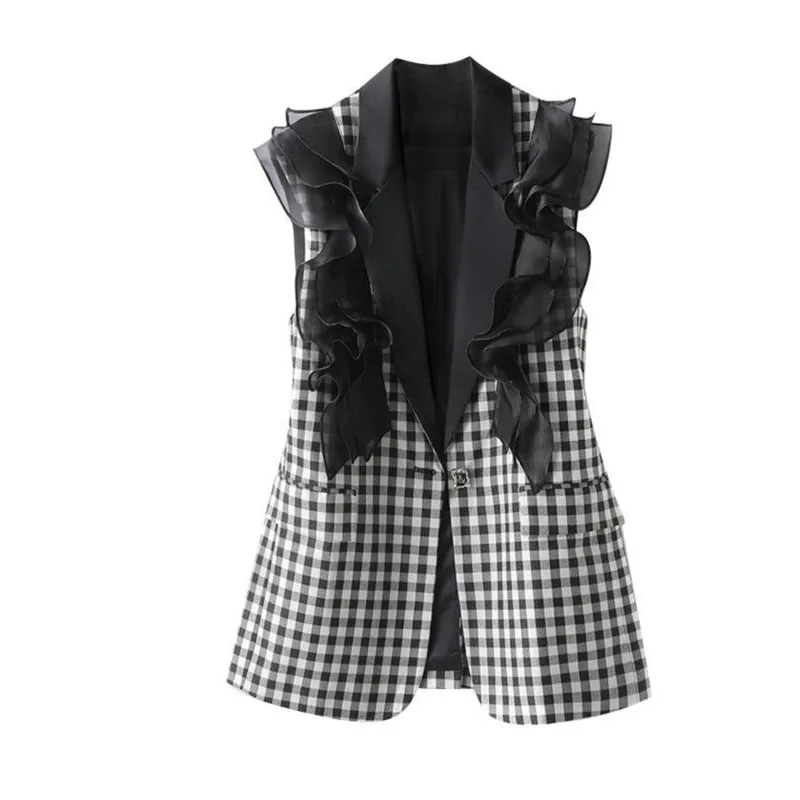 2024 Autumn New Chinese Vest Women Vintage Suit Plaid Casual Splicing Flounces Sleeveless Jacket Vests Outwear Female