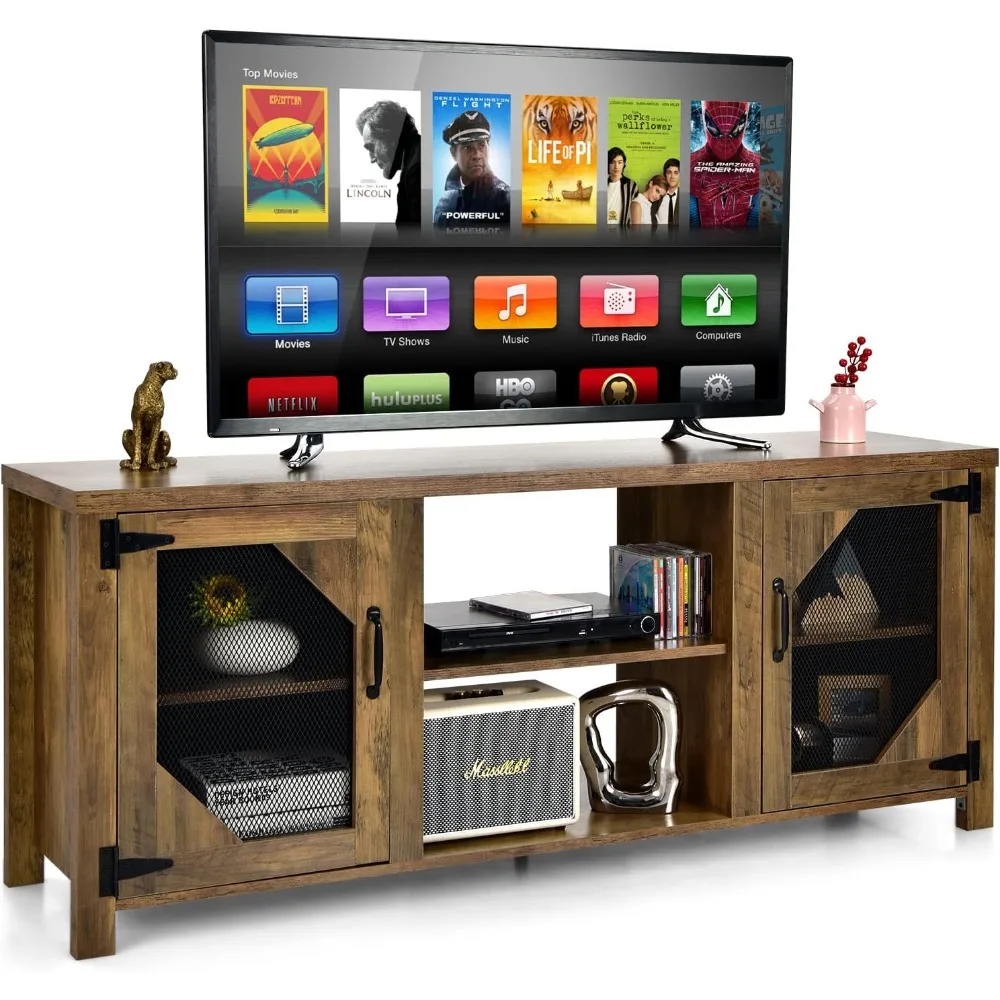 

Farmhouse TV Stand for TVs up to 65 Inch Flat Screen, Media Console Cabinet w/2 Metal Mesh Doors & Adjustable Shelves, Industri