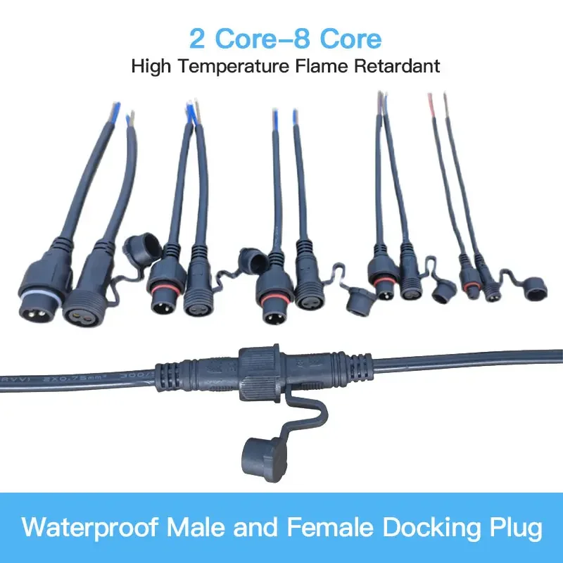 Waterproof Male Female Cable Connector IP68 2 3 4 5 Pin 0.3/0.75/1.5 Square Plug Butt Extension Line Outdoor LED Wire Connector